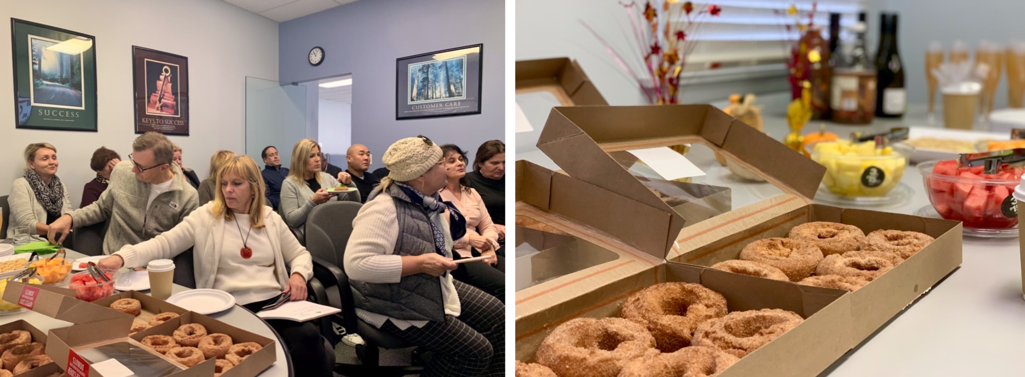 Agents in chairs getting fall treats and a table with donuts